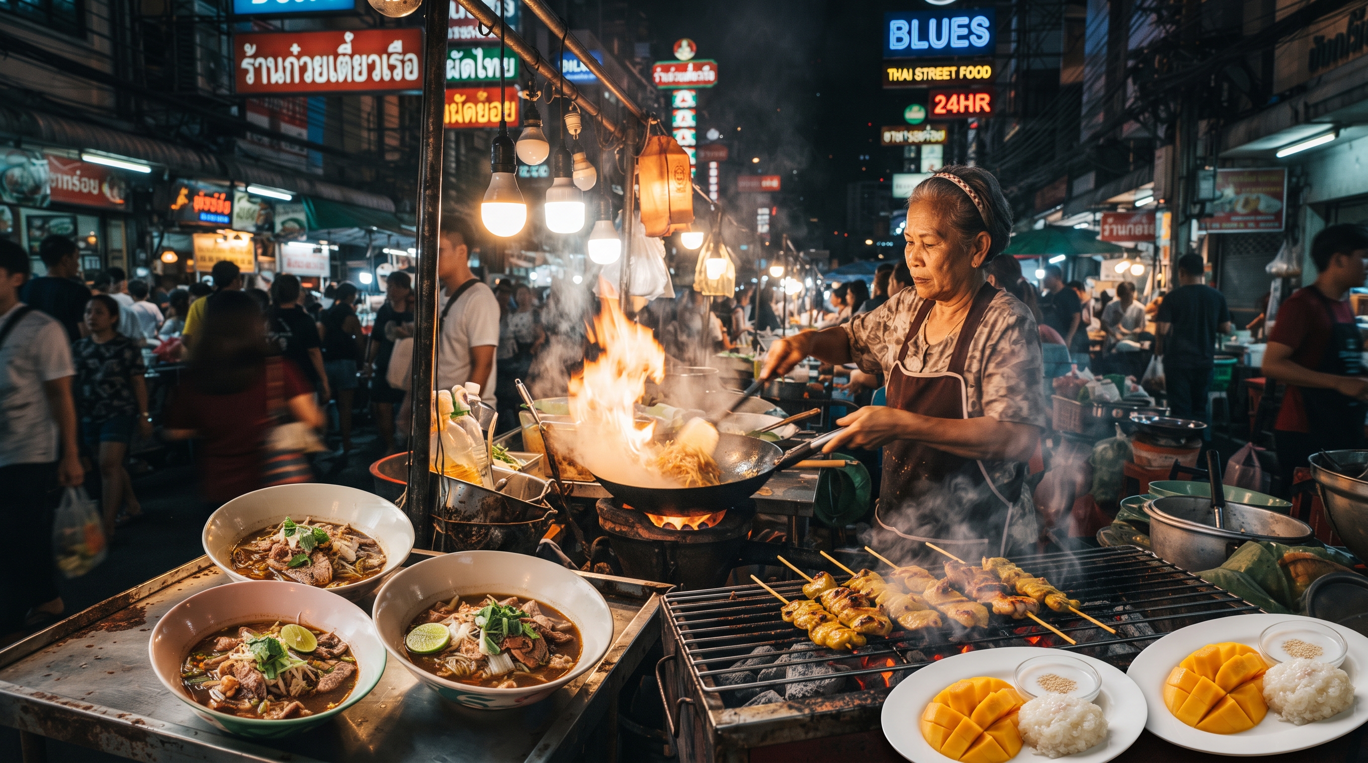 Bangkok street food at a busy night market, cooked fresh to order